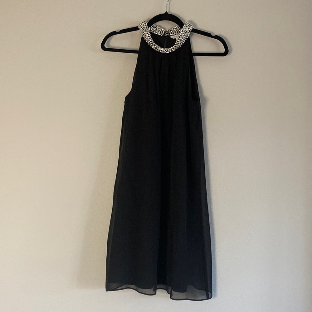 DVF silk chiffon keyhole halter dress with embellished silver neckline LBD